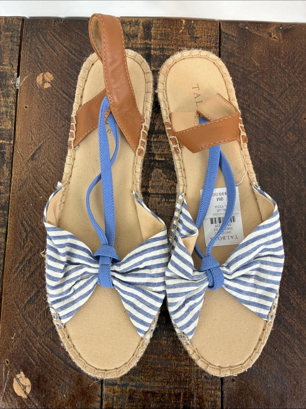 New Talbots Women’s 9 Blue Tan Striped Bow Espadrille Sandals Ilyssa Flat